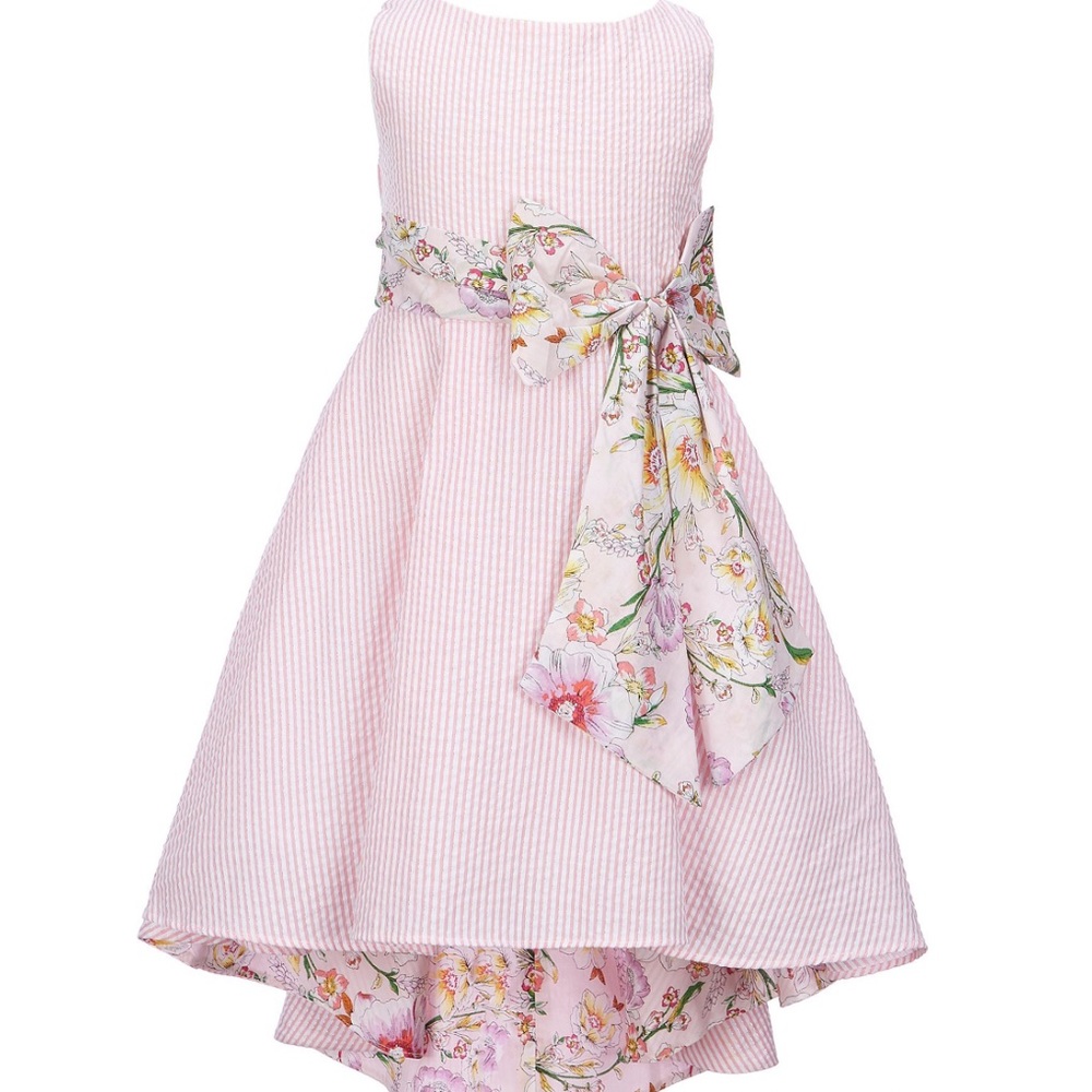 Girls Seersucker/Floral Bow-Waist Hi-Low Dress